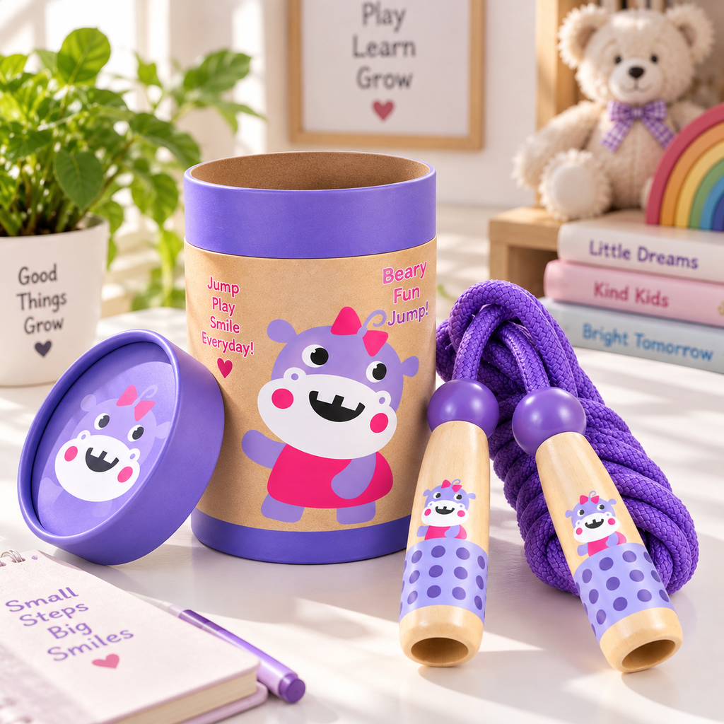 Wooden Skipping Rope – Hippo Design, Beech Handles, Cotton Rope, Adjustable 3–5 m, Ages 3+