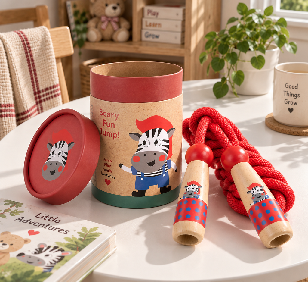 Wooden Skipping Rope – Zebra Design, Beech Handles, Cotton Rope, Adjustable 3–5 m, Ages 3+