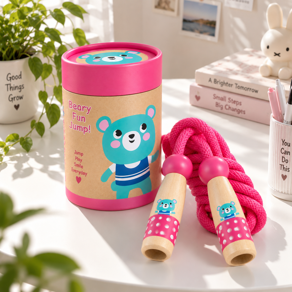 Wooden Skipping Rope – Bear Design, Beech Handles, Cotton Rope, Adjustable 3–5 m, Ages 3+