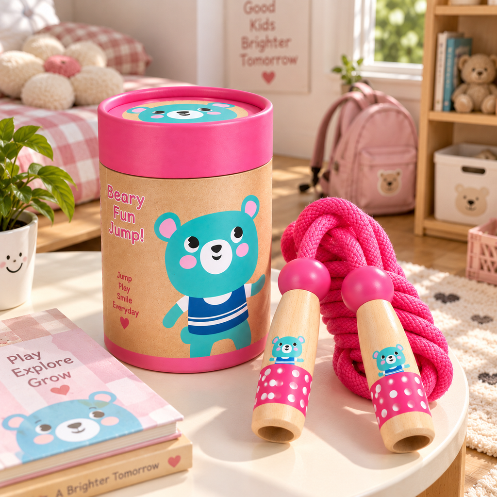 Wooden Skipping Rope – Bear Design, Beech Handles, Cotton Rope, Adjustable 3–5 m, Ages 3+