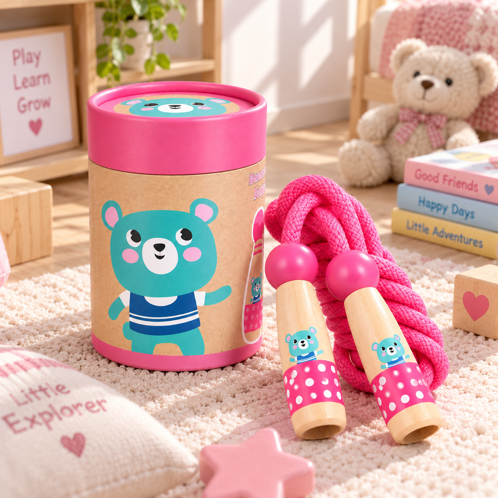 Wooden Skipping Rope – Bear Design, Beech Handles, Cotton Rope, Adjustable 3–5 m, Ages 3+