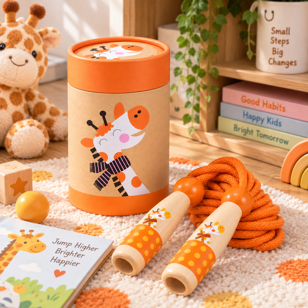 Wooden Skipping Rope – Giraffe Design, Beech Handles, Cotton Rope, Adjustable 3–5 m, Ages 3+