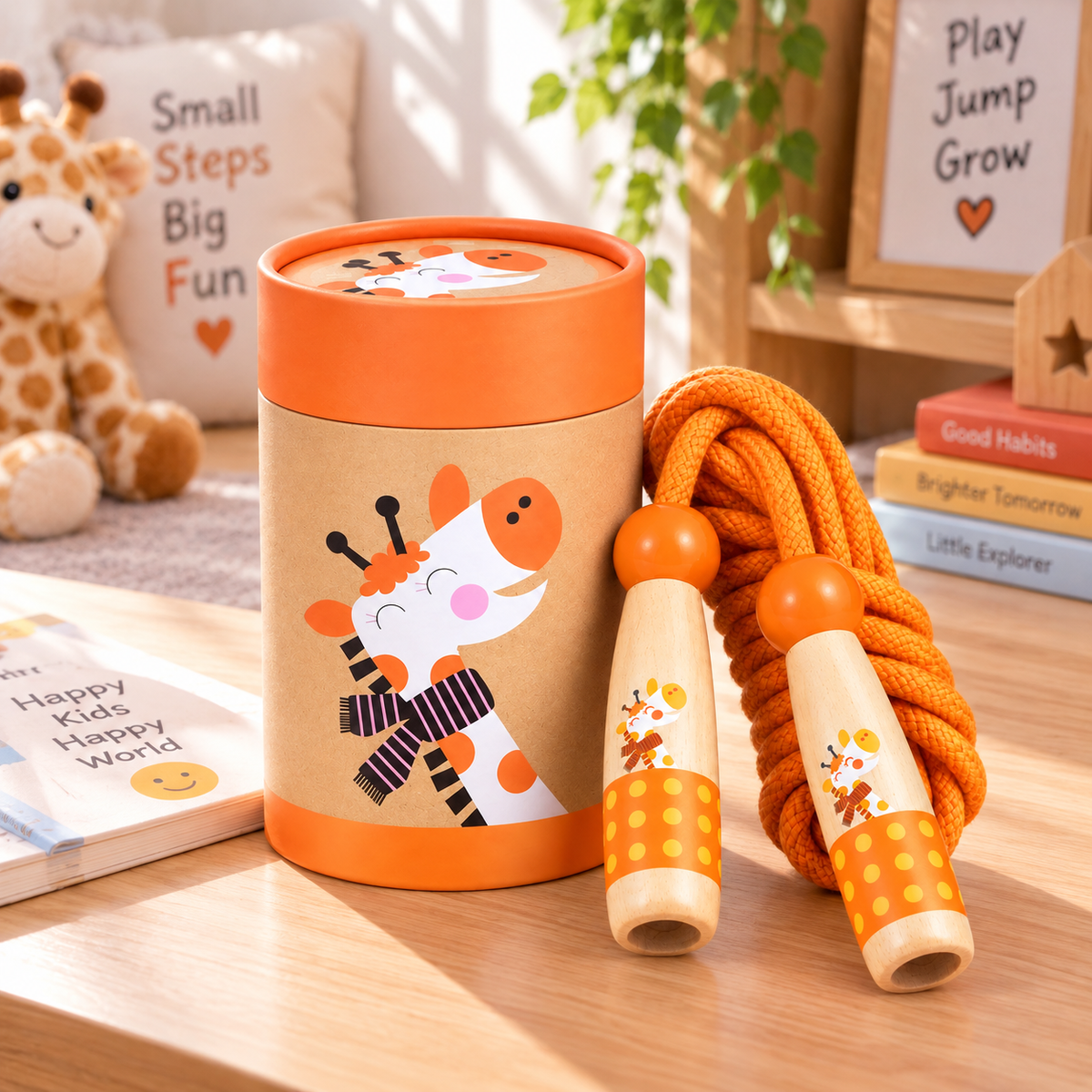Wooden Skipping Rope – Giraffe Design, Beech Handles, Cotton Rope, Adjustable 3–5 m, Ages 3+
