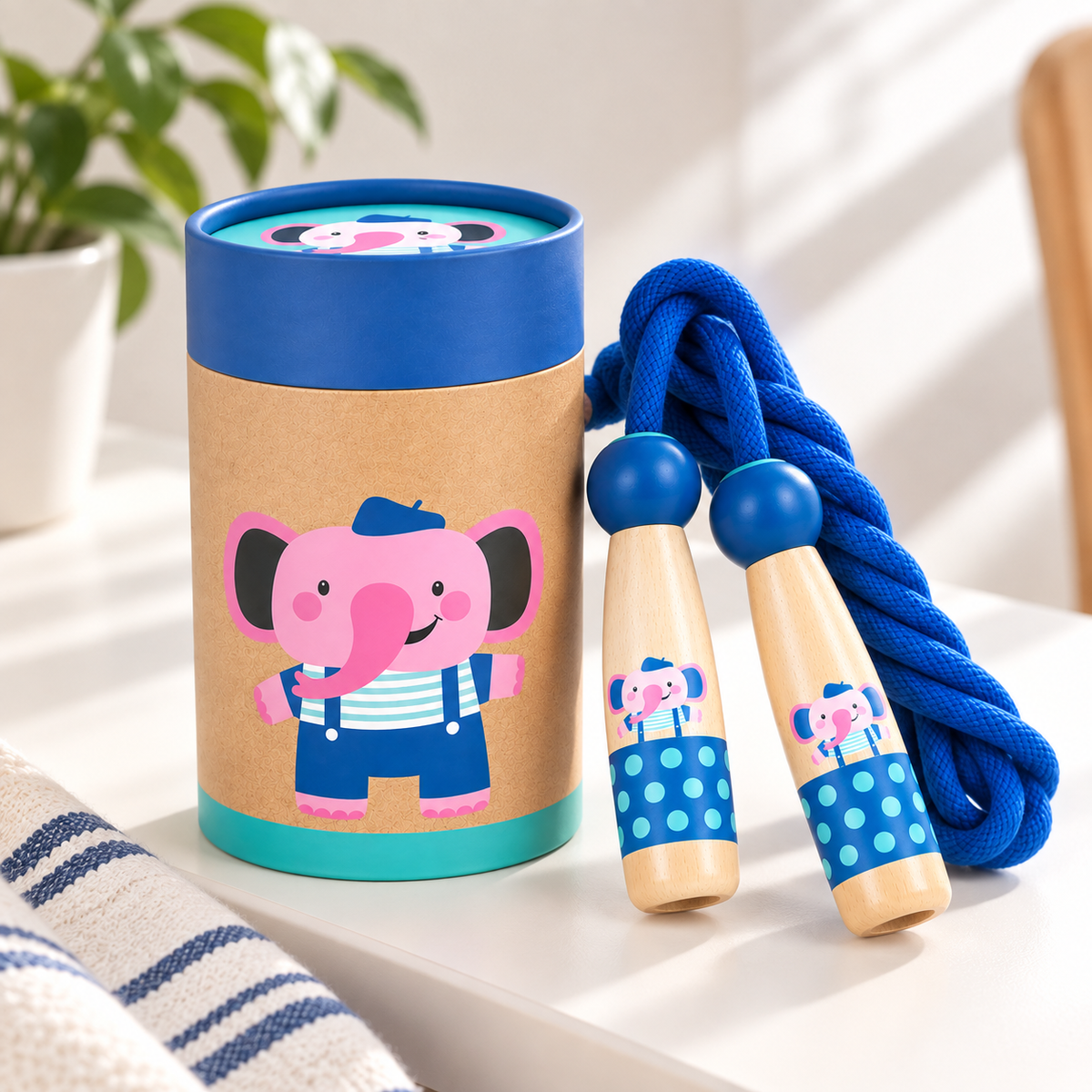 Beech Wood Skipping Rope, Elephant Handles on a Cotton Rope, 3 Years and Up, side view