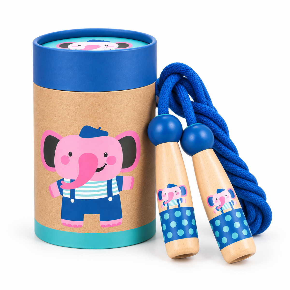 Beech Wood Skipping Rope, Elephant Handles on a Cotton Rope, 3 Years and Up, front view