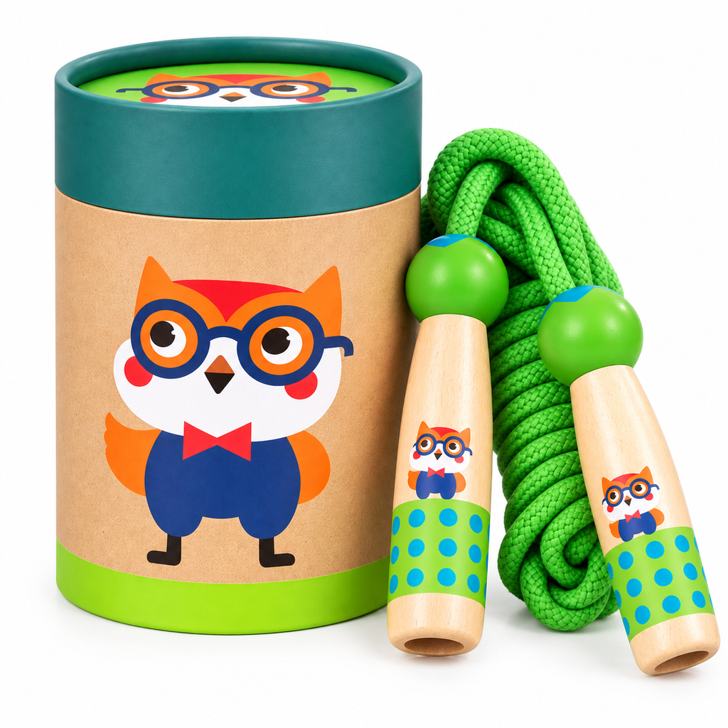 Wooden Skipping Rope, Owl Design, Beech Handles, Cotton Rope, Adjustable 3, 5 m, Ages 3+, front view