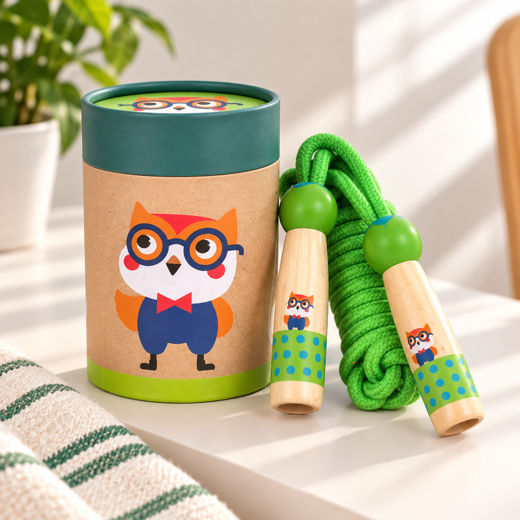 Wooden Skipping Rope, Owl Design, Beech Handles, Cotton Rope, Adjustable 3, 5 m, Ages 3+, side view