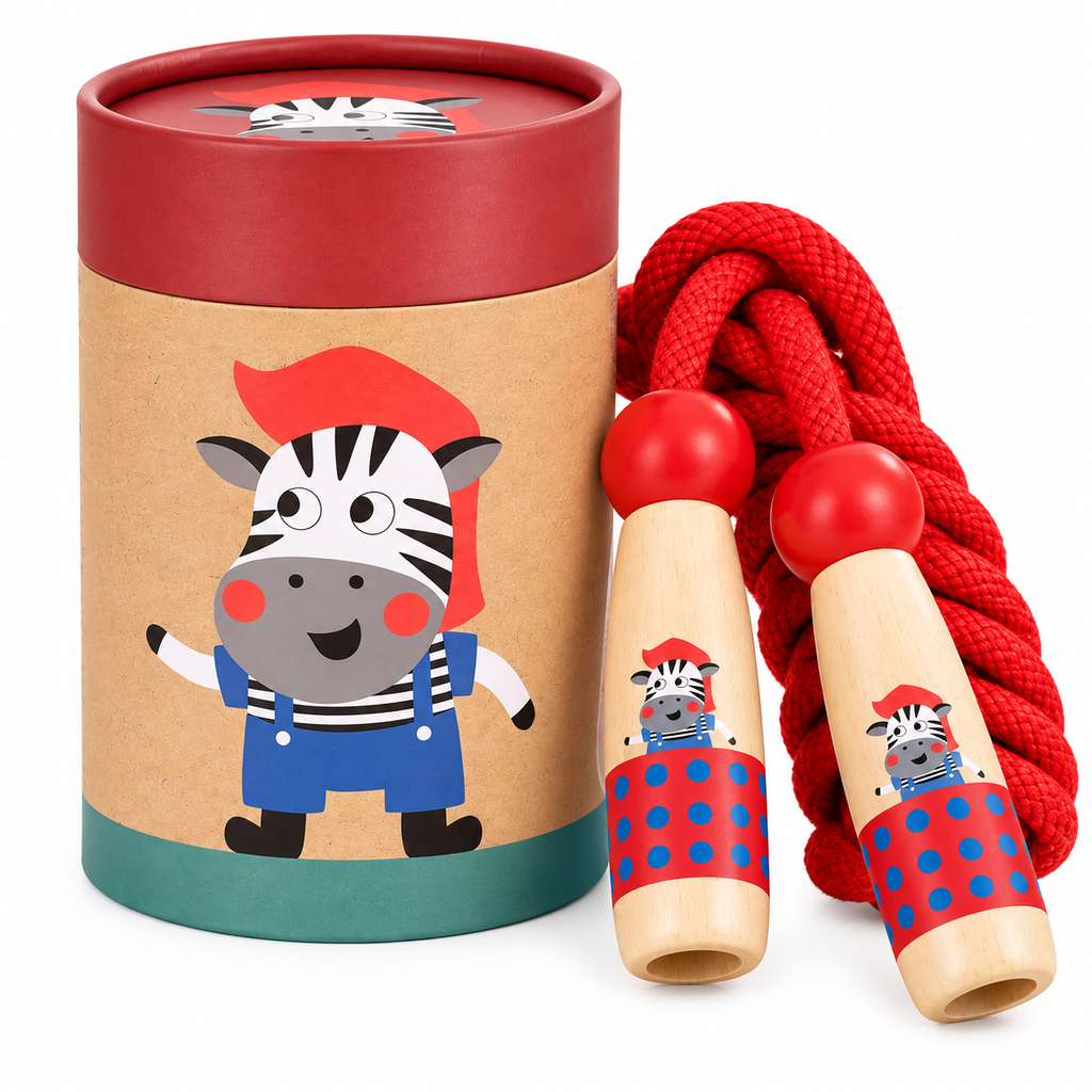Wooden Skipping Rope, Zebra Design, Beech Handles, Cotton Rope, Adjustable 3, 5 m, Ages 3+, front view