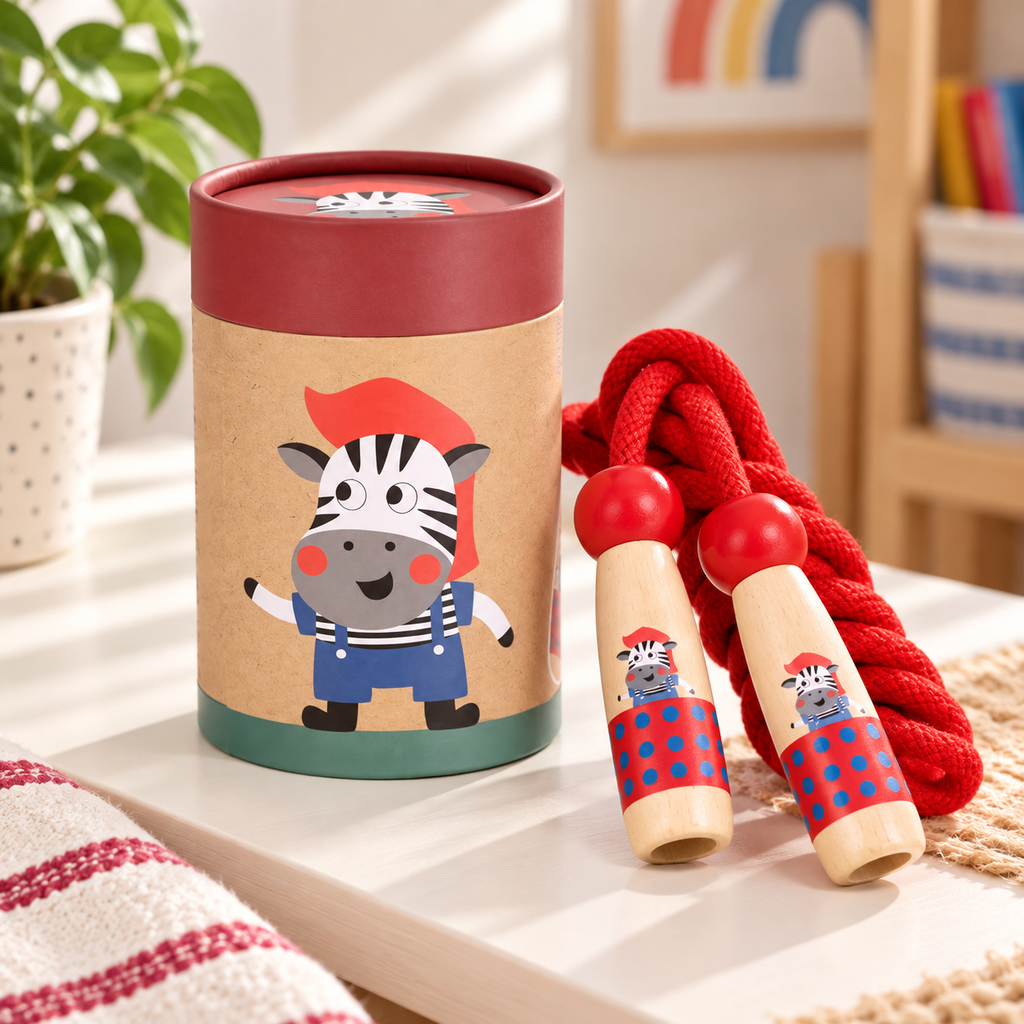 Wooden Skipping Rope, Zebra Design, Beech Handles, Cotton Rope, Adjustable 3, 5 m, Ages 3+, close-up detail