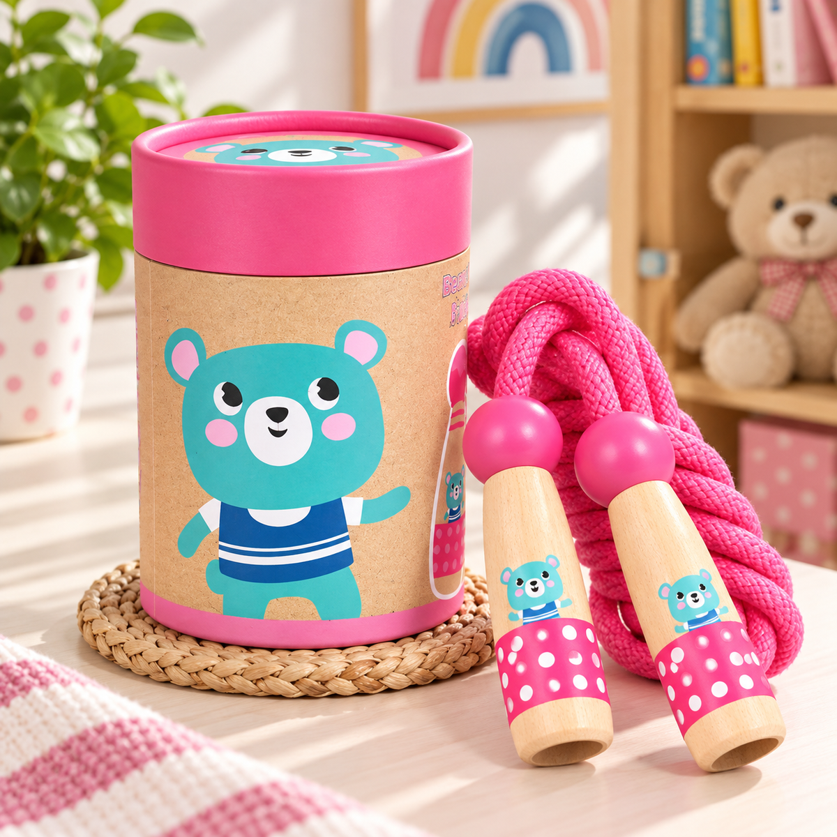 Wooden Skipping Rope, Bear Design, Beech Handles, Cotton Rope, Adjustable 3, 5 m, Ages 3+, styled in a nursery setting