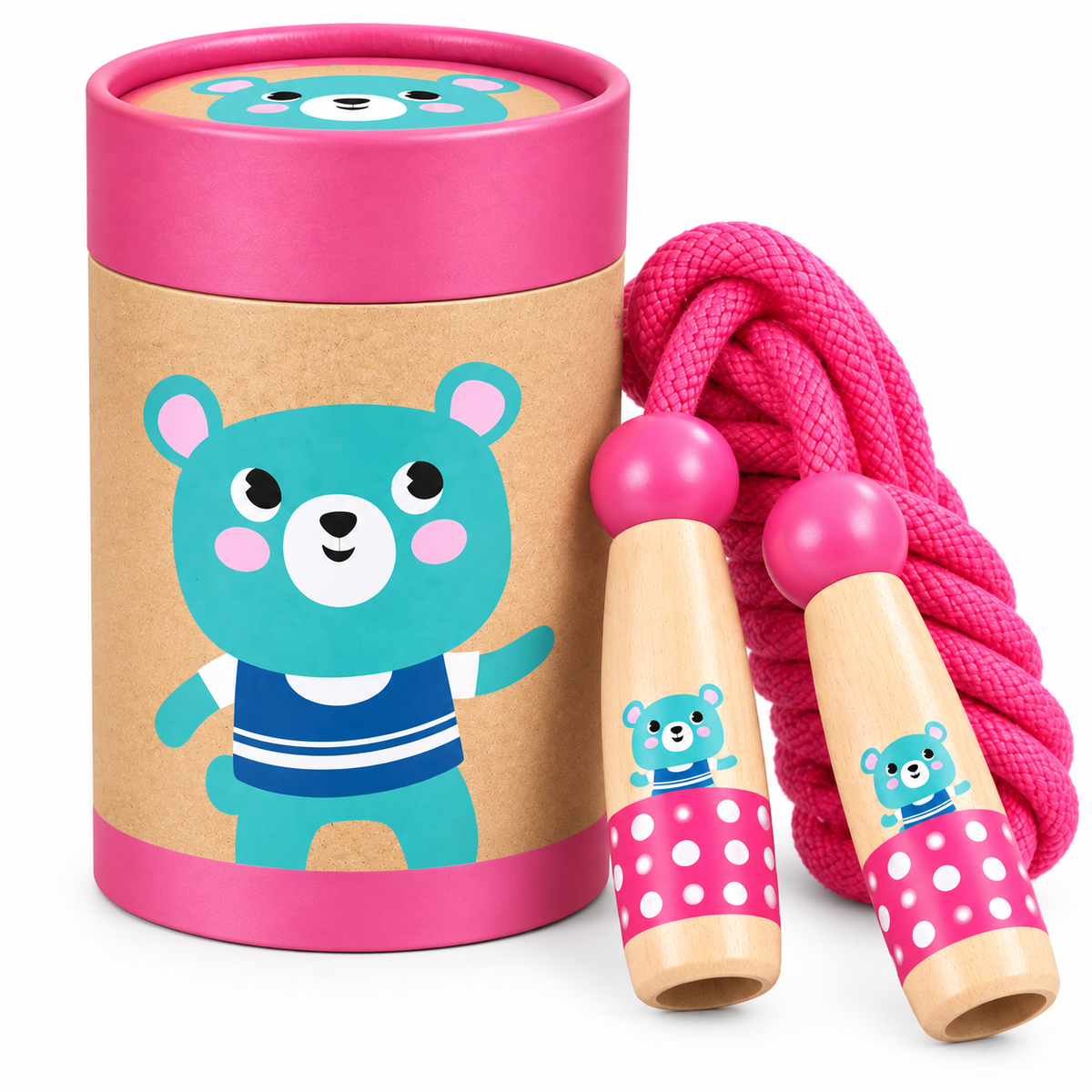Wooden Skipping Rope, Bear Design, Beech Handles, Cotton Rope, Adjustable 3, 5 m, Ages 3+, front view