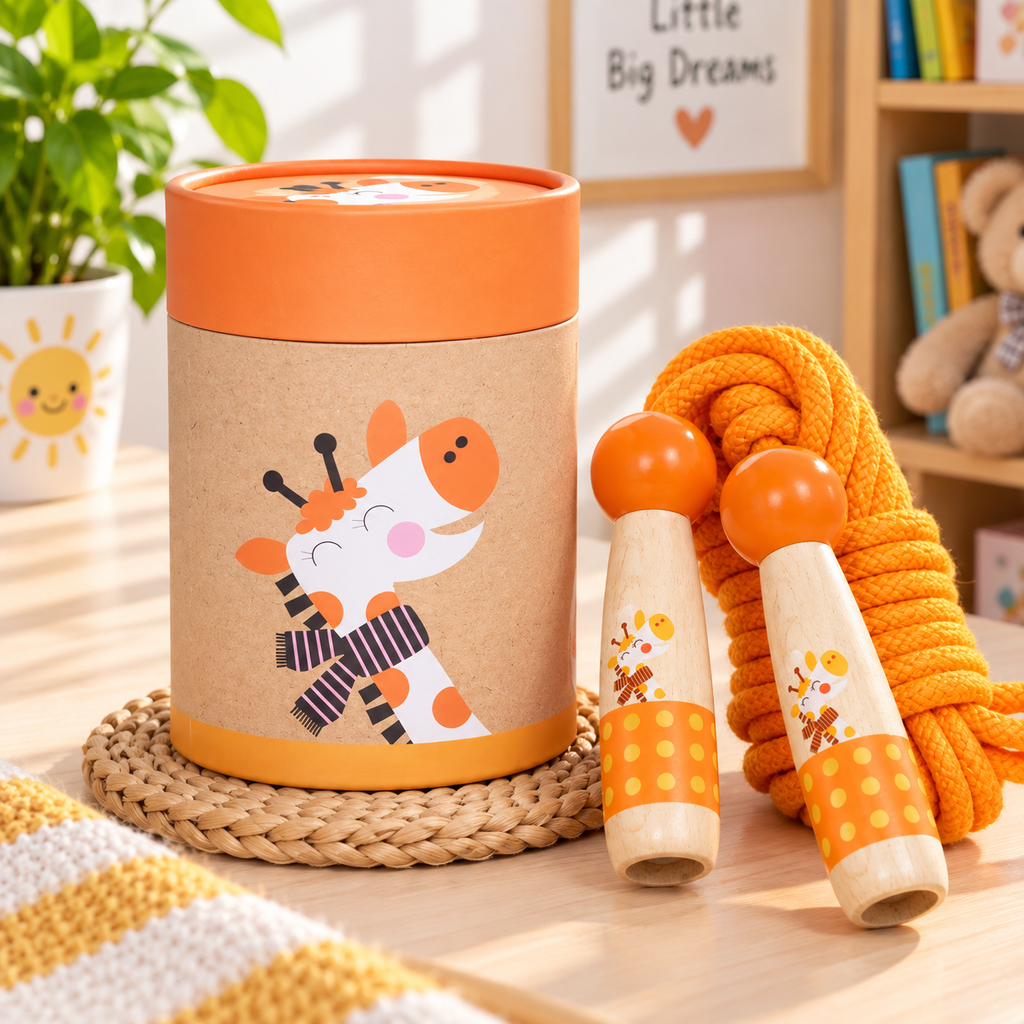 Wooden Skipping Rope, Giraffe Design, Beech Handles, Cotton Rope, Adjustable 3, 5 m, Ages 3+, side view