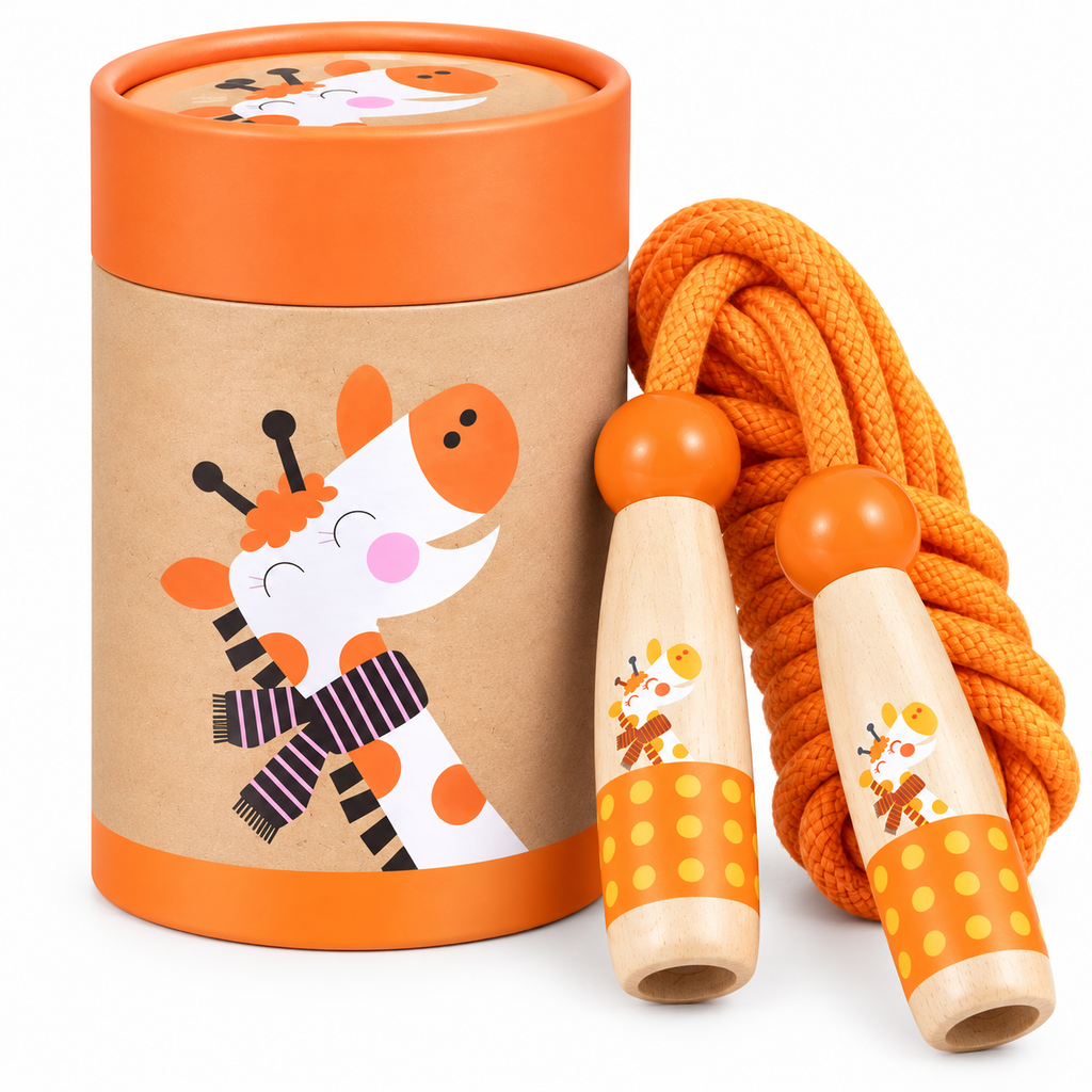 Wooden Skipping Rope, Giraffe Design, Beech Handles, Cotton Rope, Adjustable 3, 5 m, Ages 3+, front view