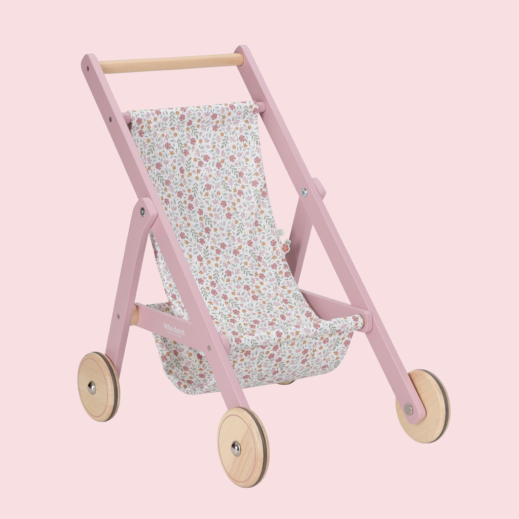 Wooden Doll Stroller - Flowers & Butterflies Design