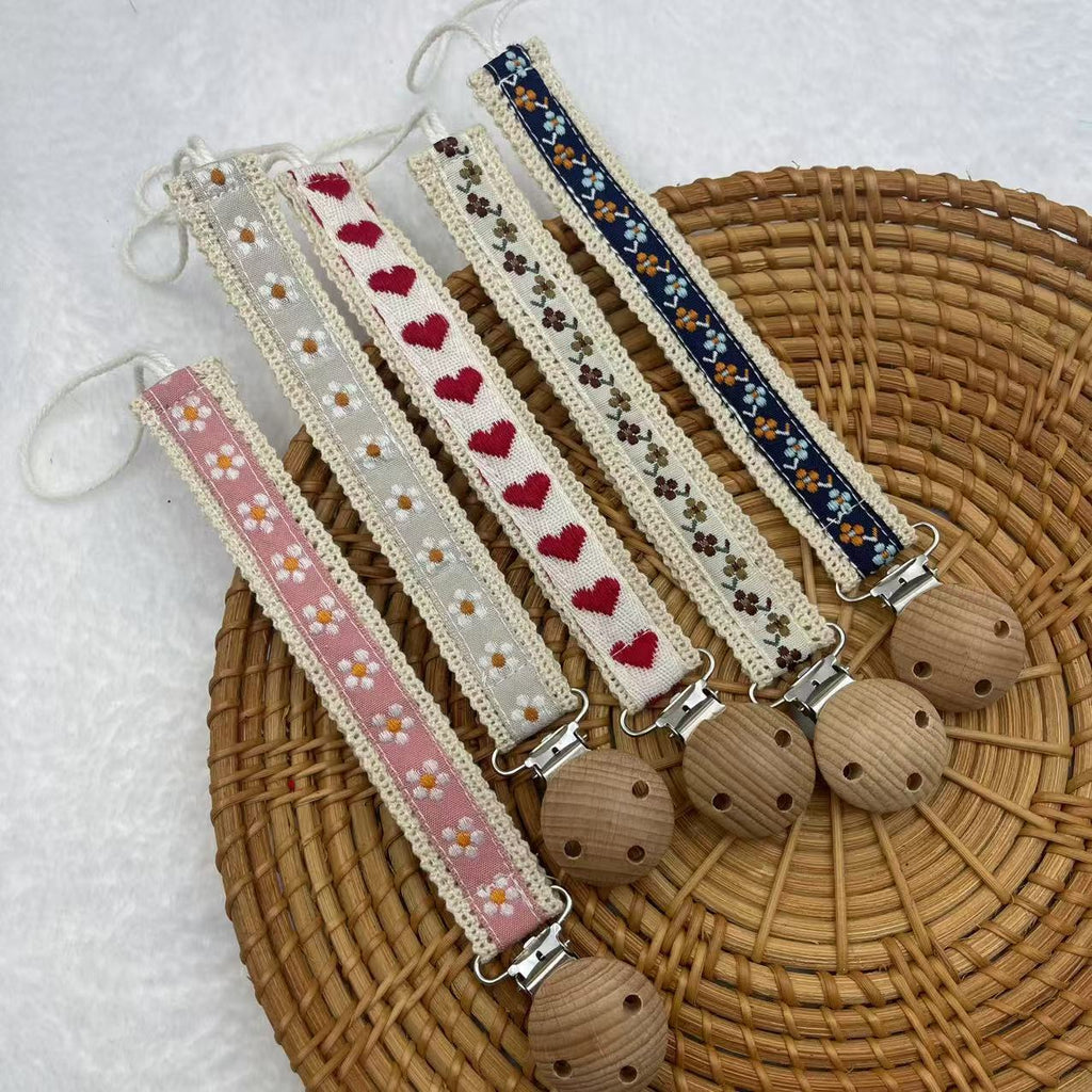 Embroidered Floral Dummy Clip, Fabric Soother Chain, top view