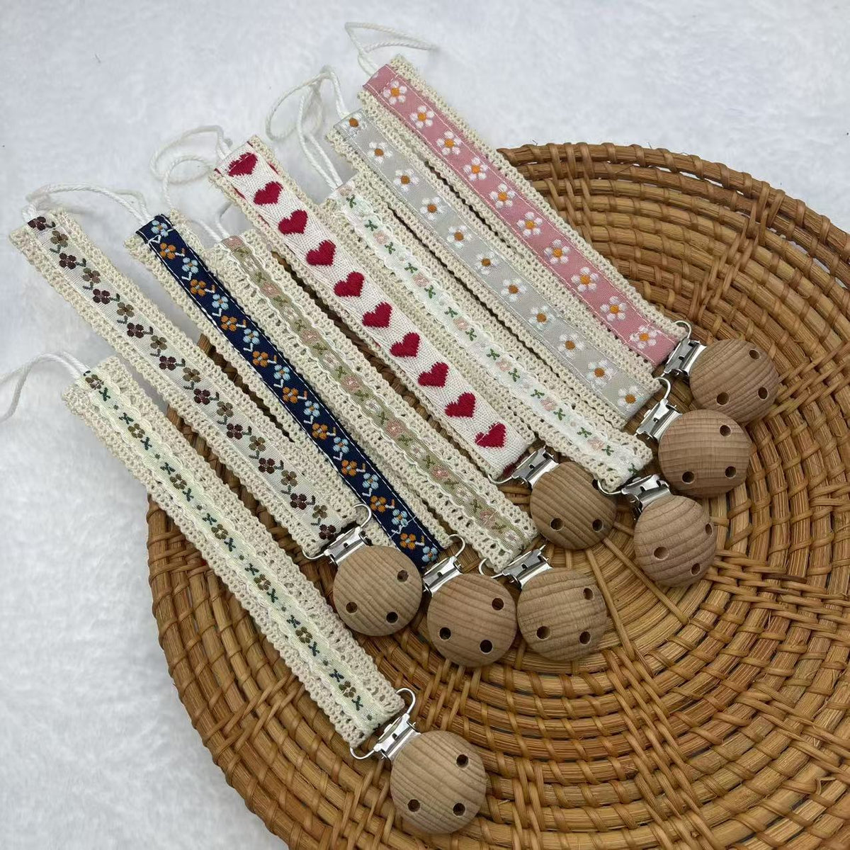 Embroidered Floral Dummy Clip, Fabric Soother Chain, front view