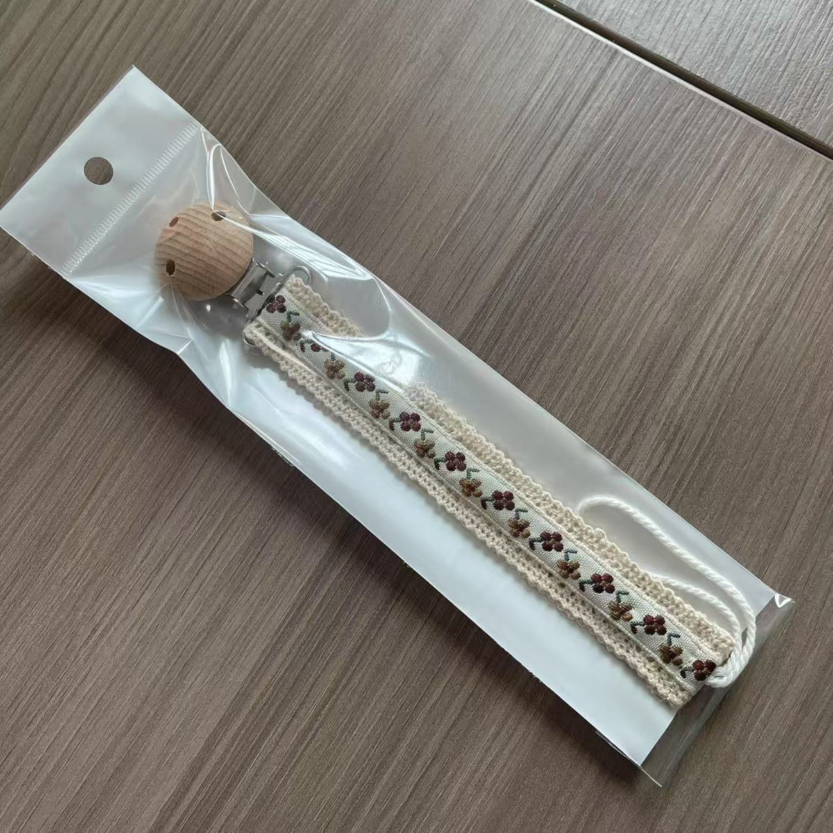 Embroidered Floral Dummy Clip, Fabric Soother Chain, front view