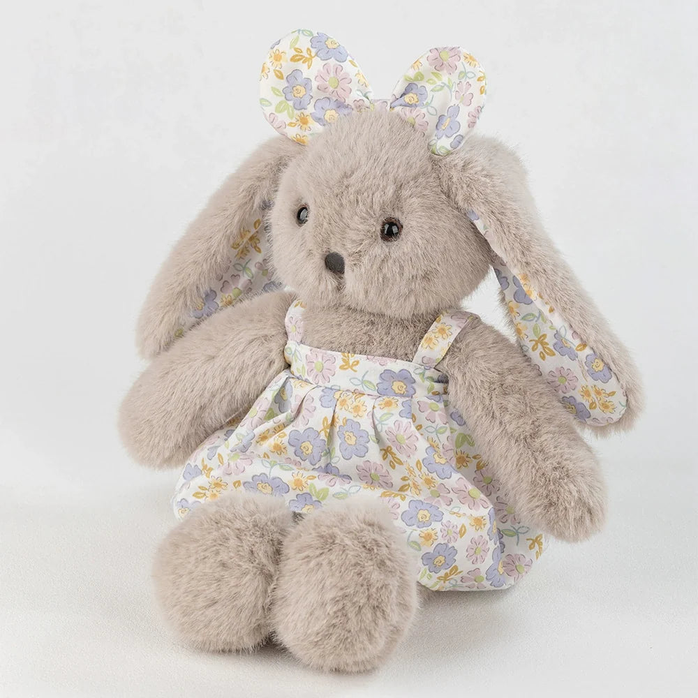 Grey Rabbit Doll, Plush Bunny in a Cotton Floral Dress, 35 cm, Ages 3+, styled in a nursery setting