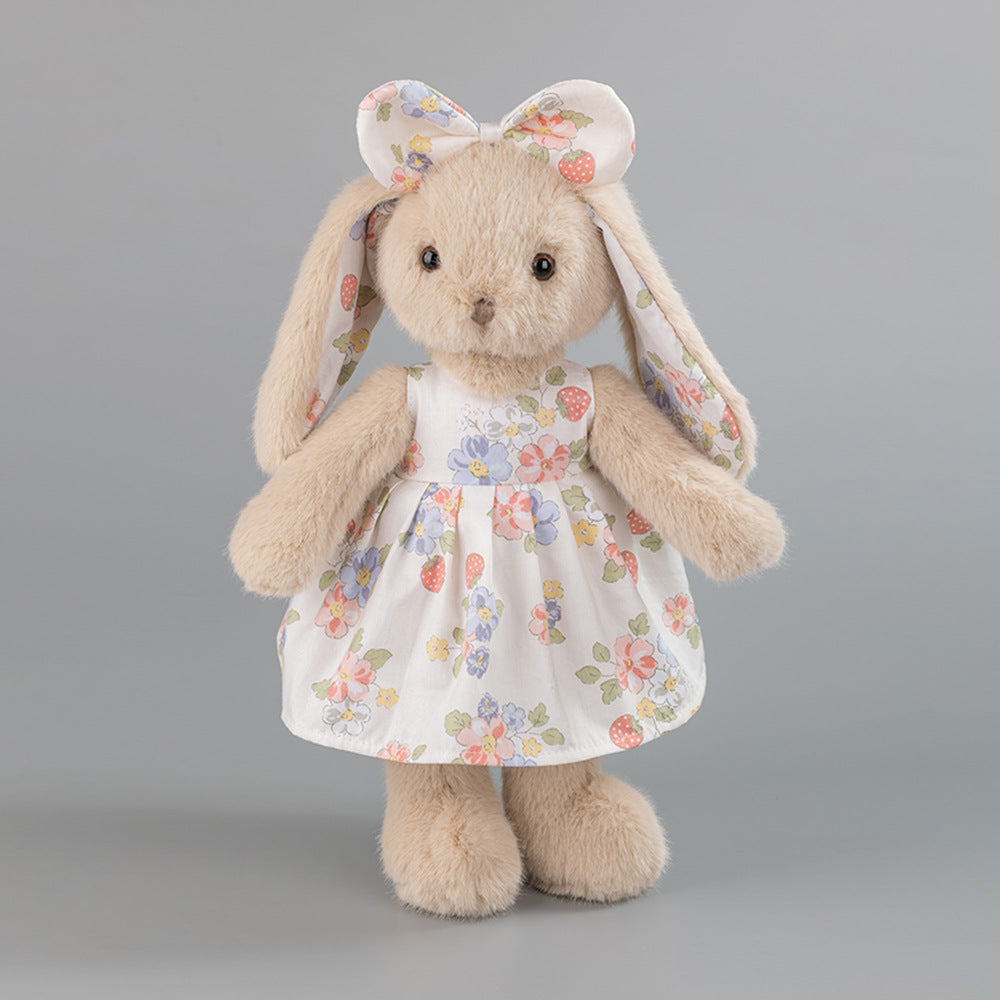 Beige Rabbit Doll, Plush Bunny in a Cotton Strawberry Dress, 35 cm, Ages 3+, front view