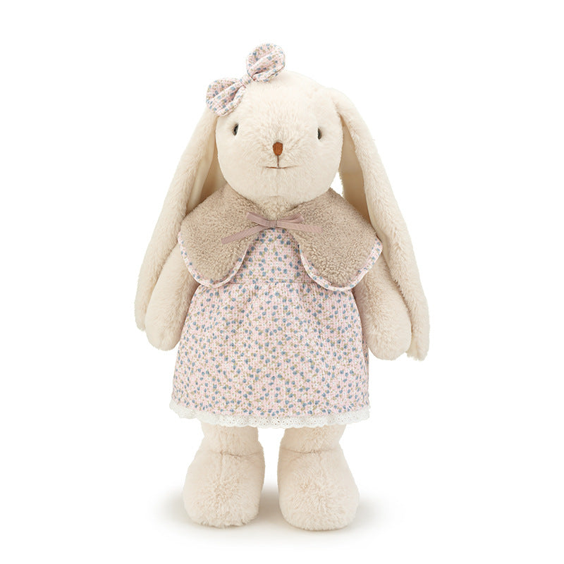 Bunny Plush Toy in Floral Dress, Freestanding Long, Eared Rabbit Doll with Sherpa Collar, 30, 40 & 53 cm, front view