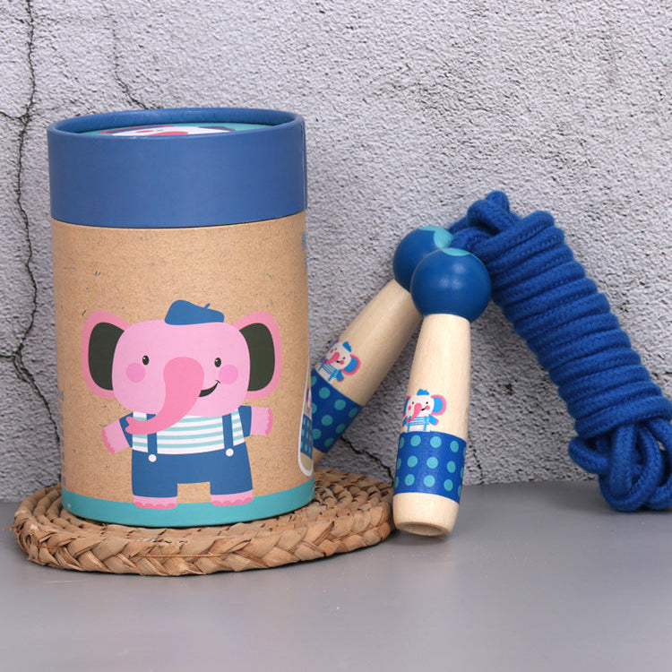 Elephant wooden skipping rope with beech handles, shown with its kraft gift tube