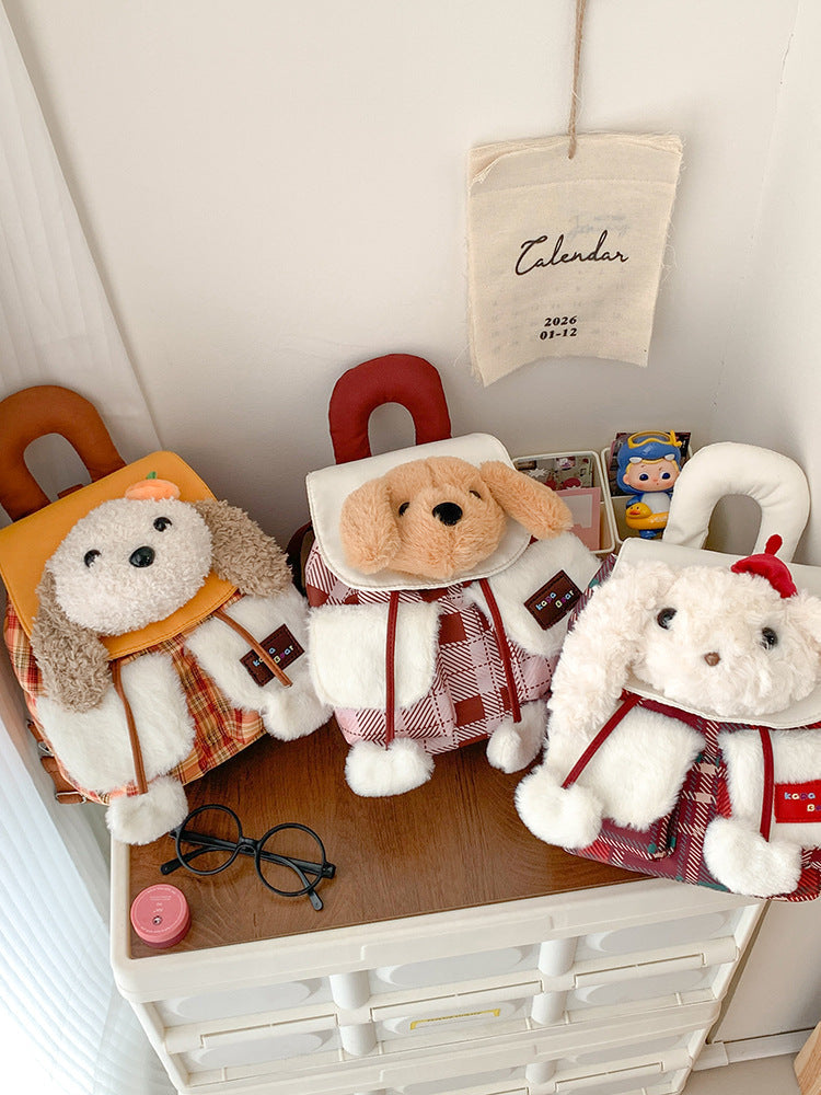 Plush Animal Mini Backpack, Gingham Drawstring Bag, front view