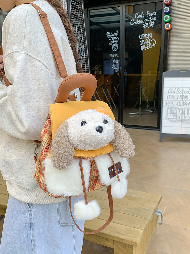 Plush Animal Mini Backpack, Gingham Drawstring Bag, close-up detail