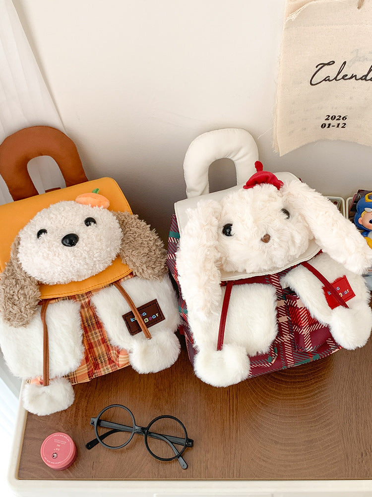 Plush Animal Mini Backpack, Gingham Drawstring Bag, side view