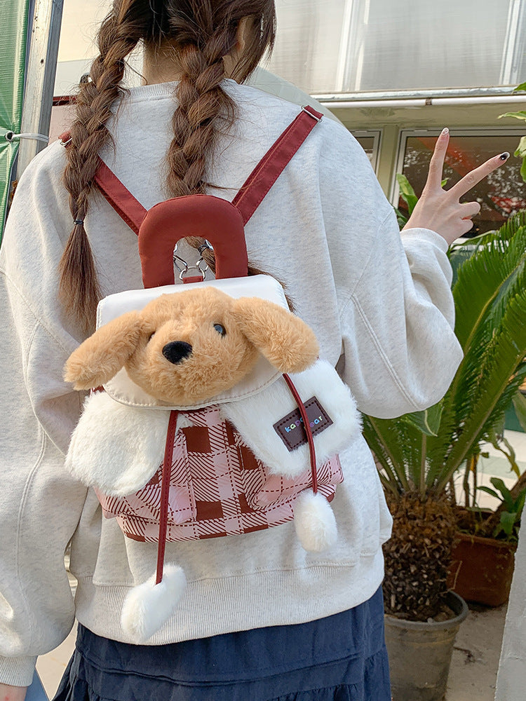 Plush Animal Mini Backpack, Gingham Drawstring Bag, shown with the full range