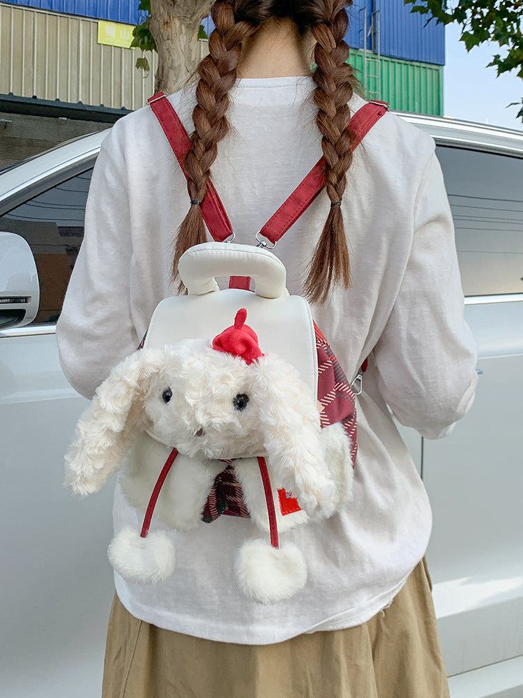 Plush Animal Mini Backpack, Gingham Drawstring Bag, styled in a nursery setting