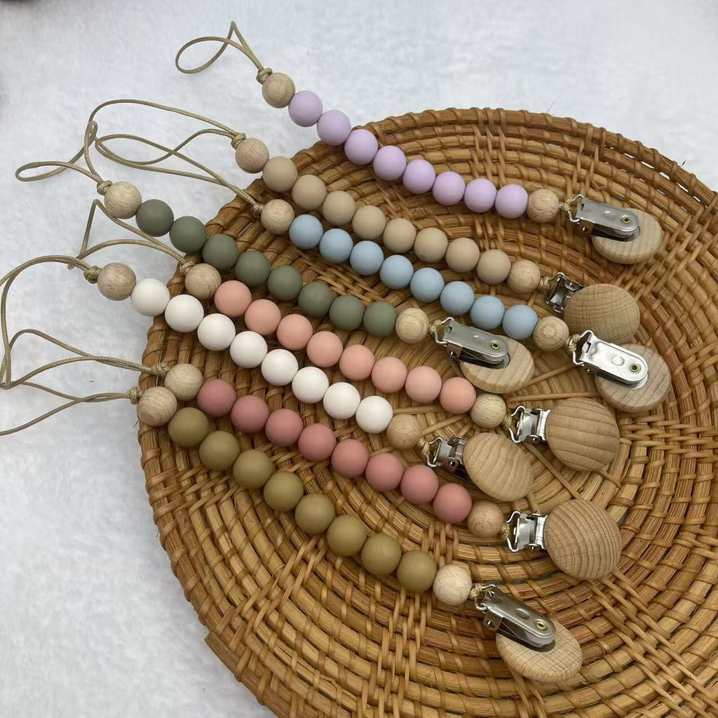 Silicone and Beech Dummy Clip, Beaded Soother Chain, front view