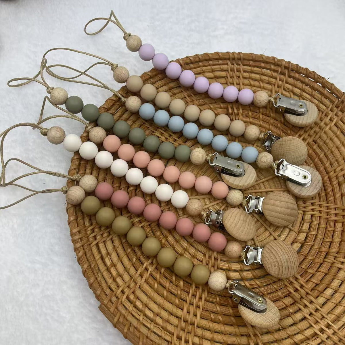 Silicone and Beech Dummy Clip, Beaded Soother Chain, front view