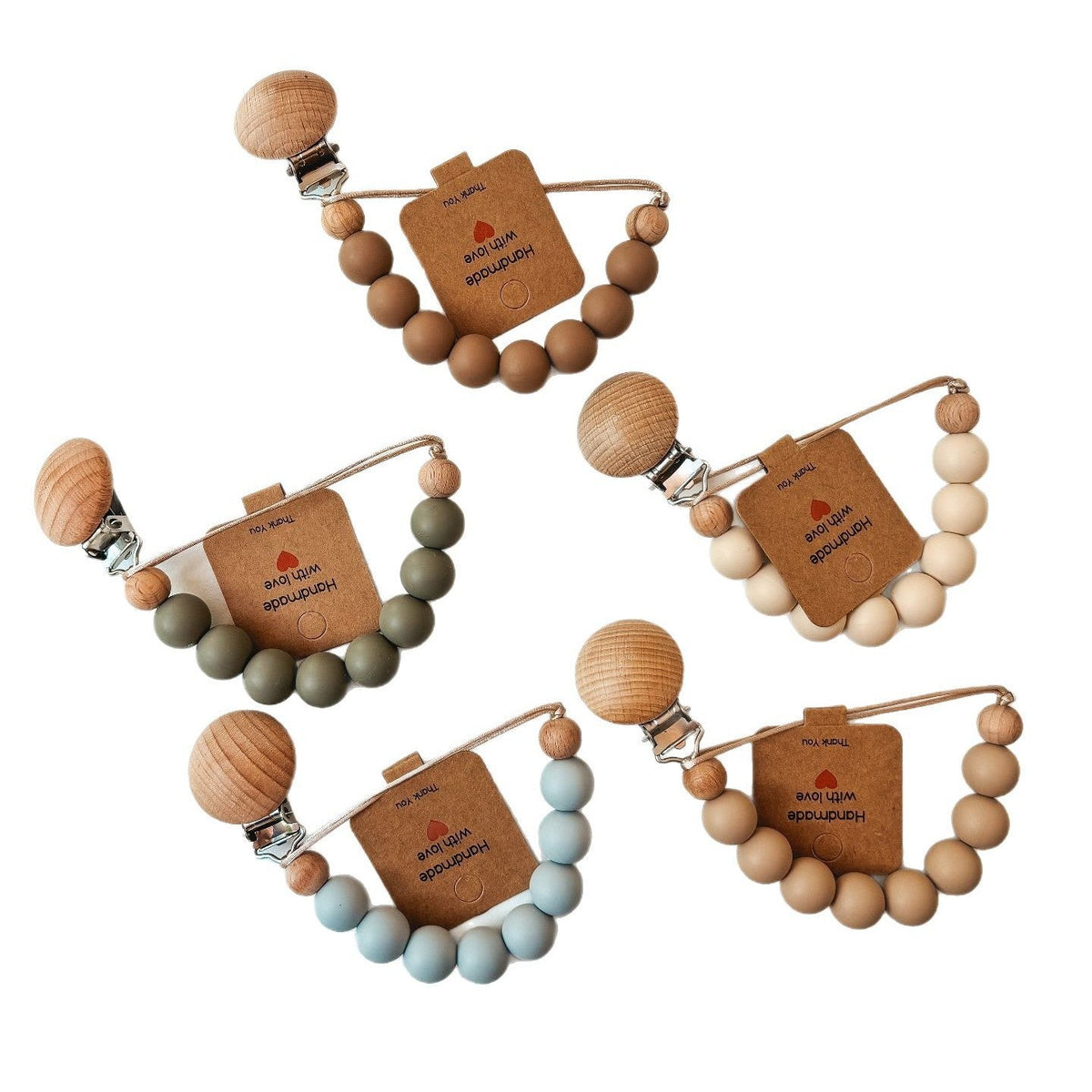 Silicone and Beech Dummy Clip, Beaded Soother Chain, detail of the stitching