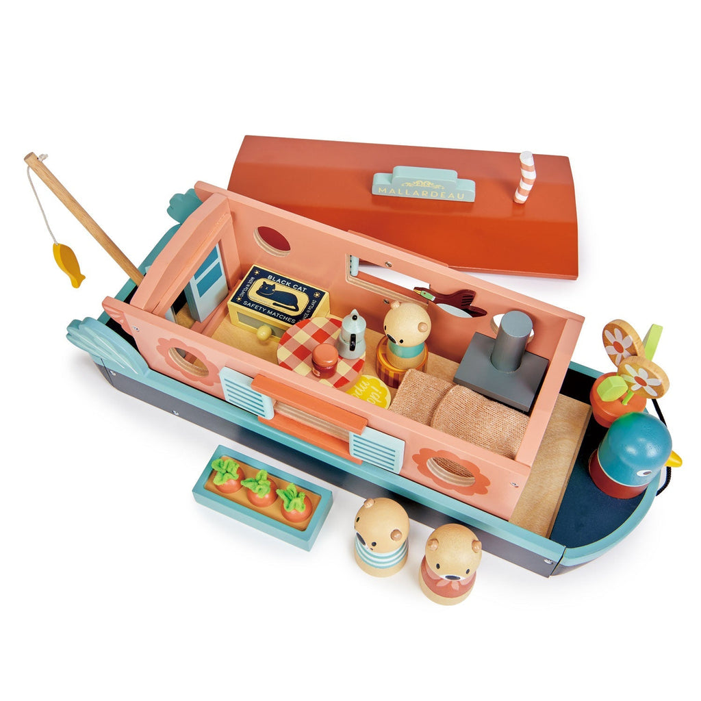 Wooden Canal Boat Toy - Otter Family - Removable Roof