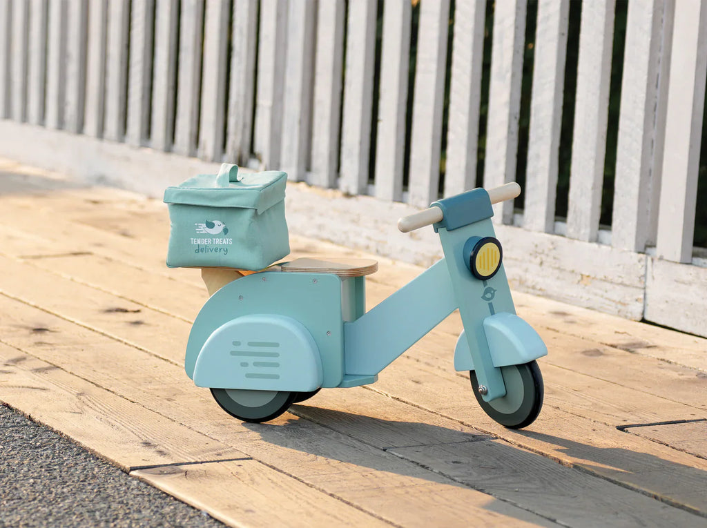 Wooden Delivery Scooter - Ride-On Toy with Canvas Bag & Menu
