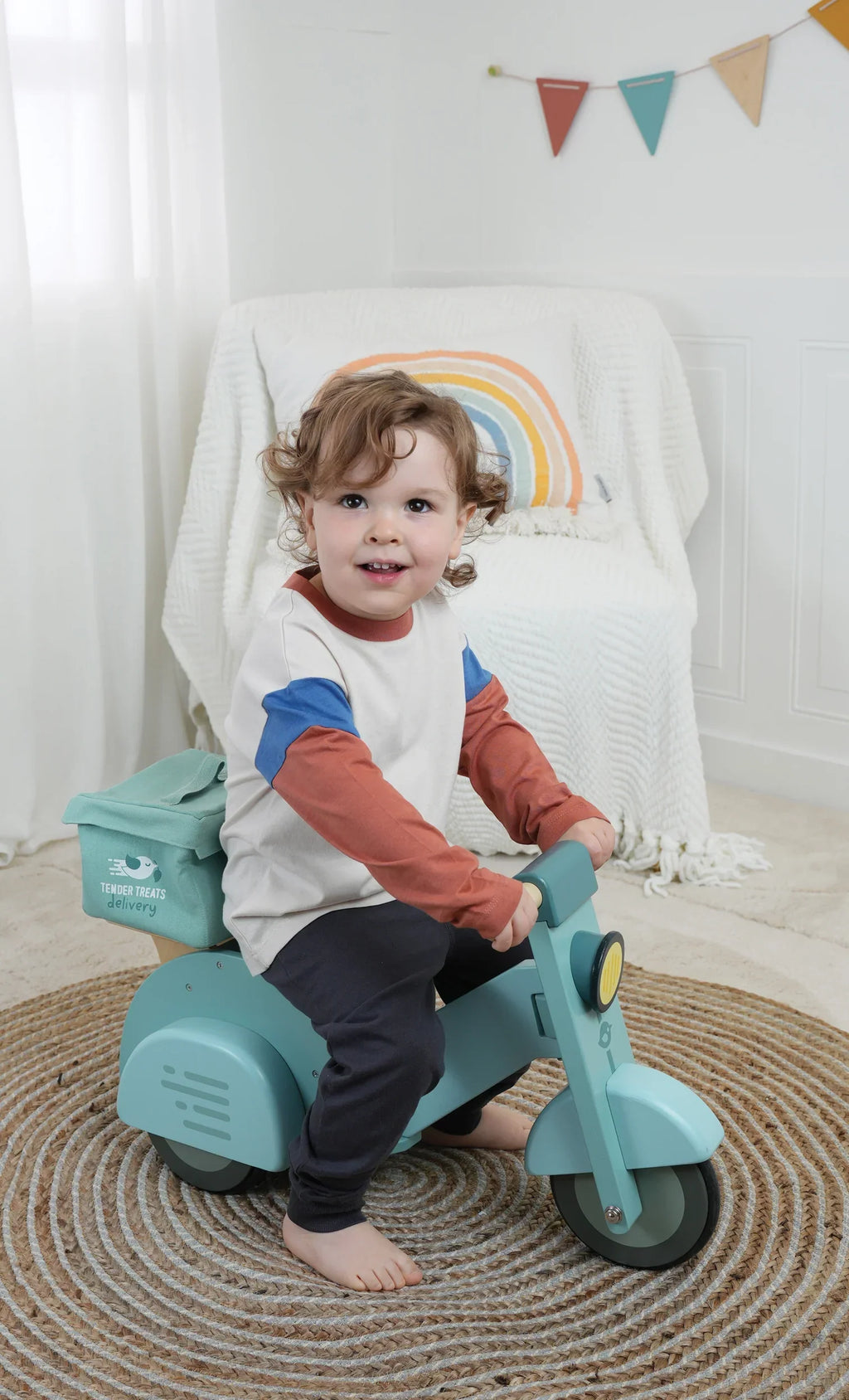 Wooden Delivery Scooter - Ride-On Toy with Canvas Bag & Menu