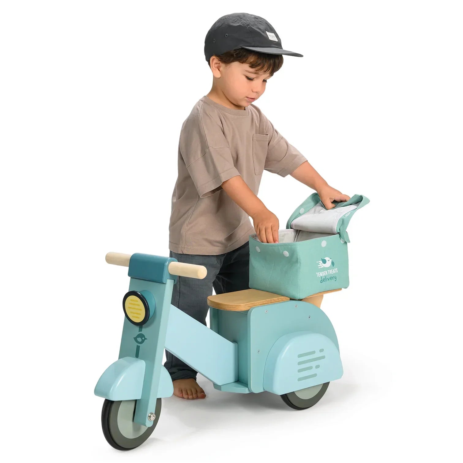 Wooden Delivery Scooter - Ride-On Toy with Canvas Bag & Menu