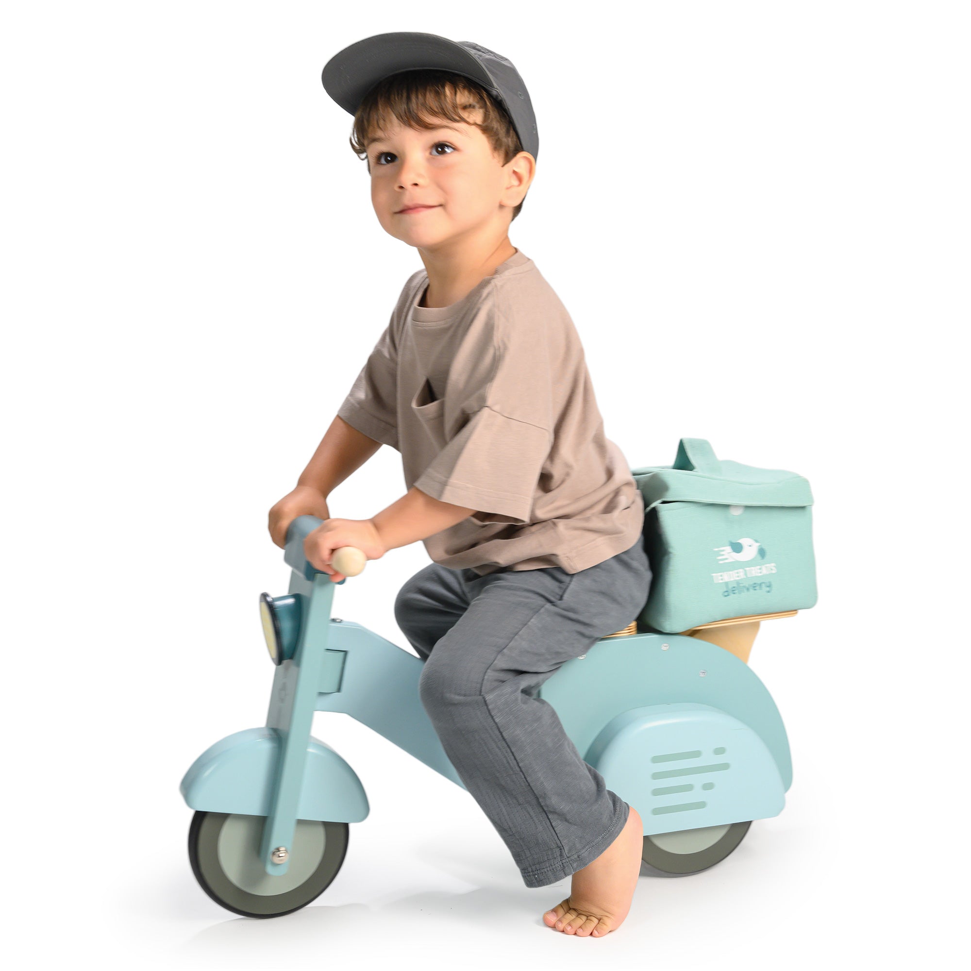 Wooden Delivery Scooter - Ride-On Toy with Canvas Bag & Menu