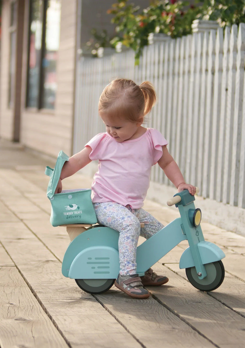 Wooden Delivery Scooter - Ride-On Toy with Canvas Bag & Menu