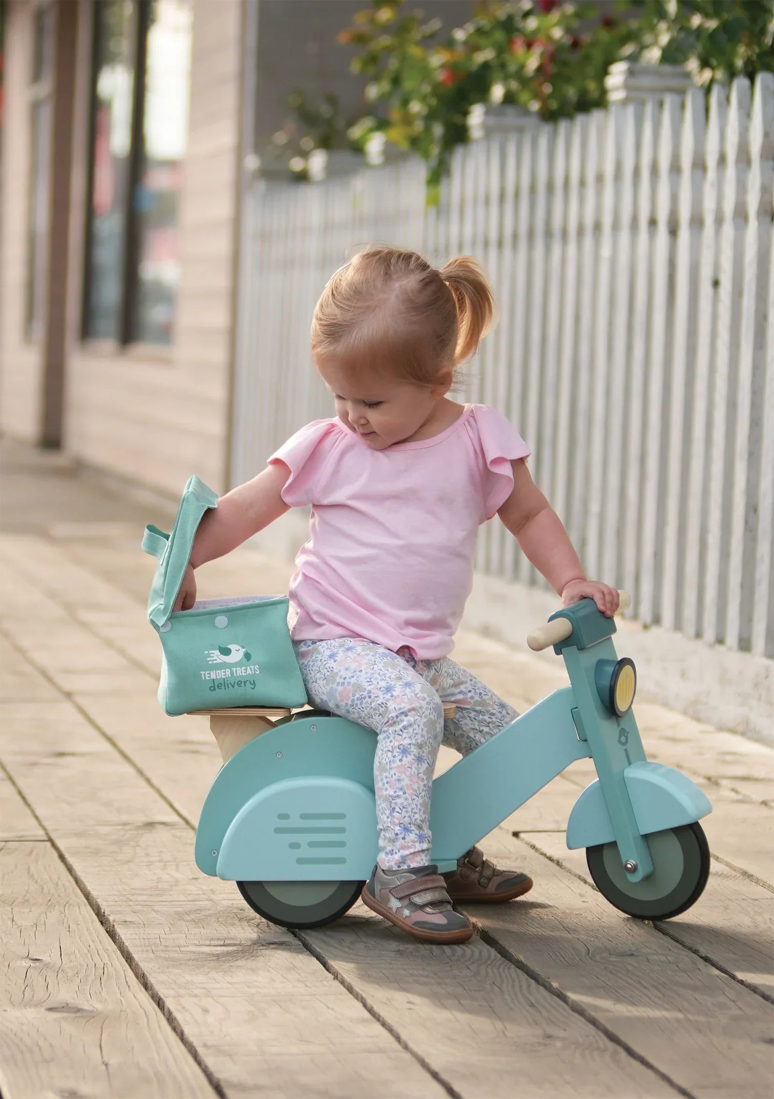 Wooden Delivery Scooter - Ride-On Toy with Canvas Bag & Menu