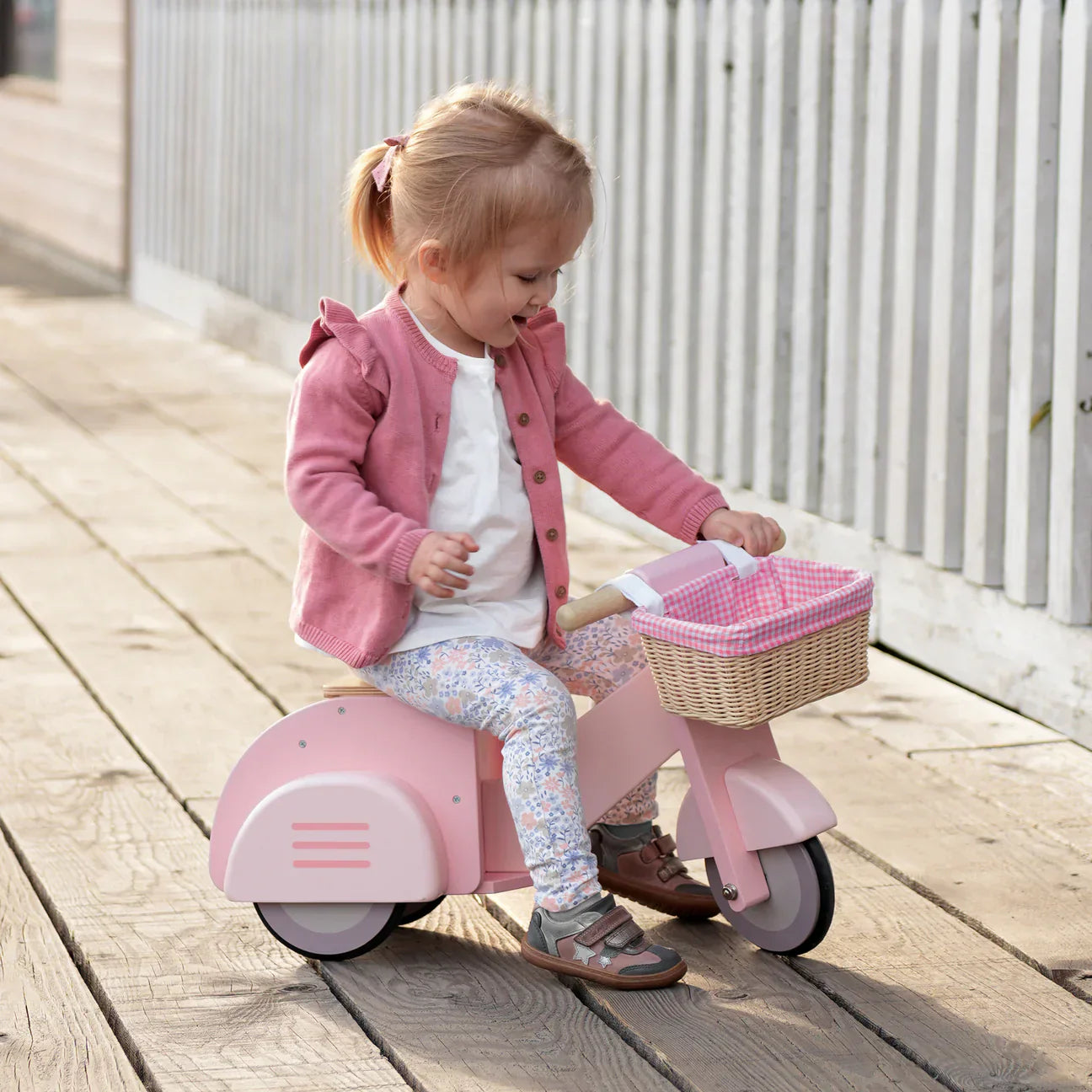 Wooden Delivery Scooter - Pink - Ride-On Toy with Basket
