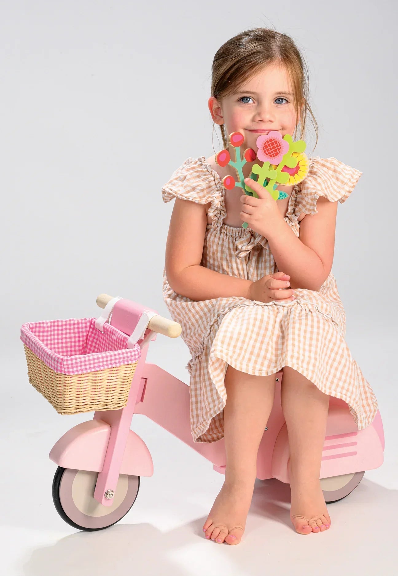 Wooden Delivery Scooter - Pink - Ride-On Toy with Basket
