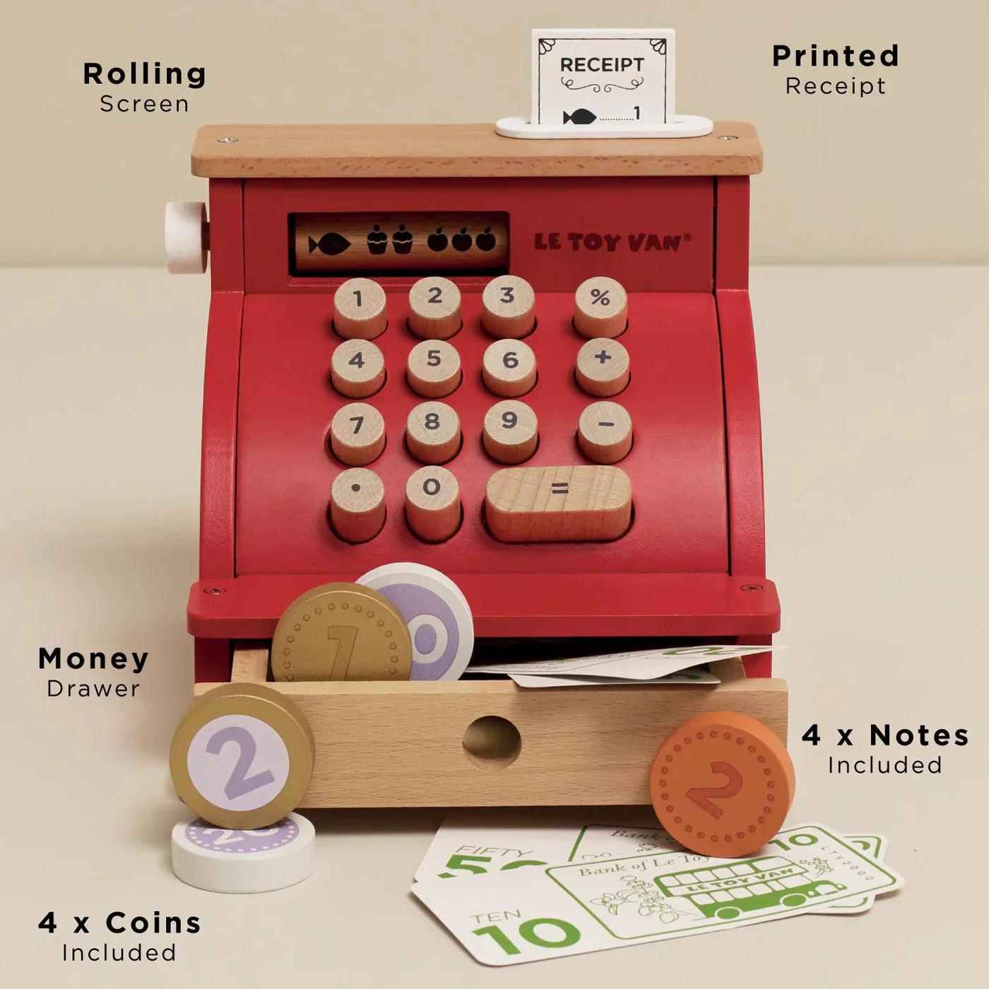 Wooden Cash Register Toy - Play Money