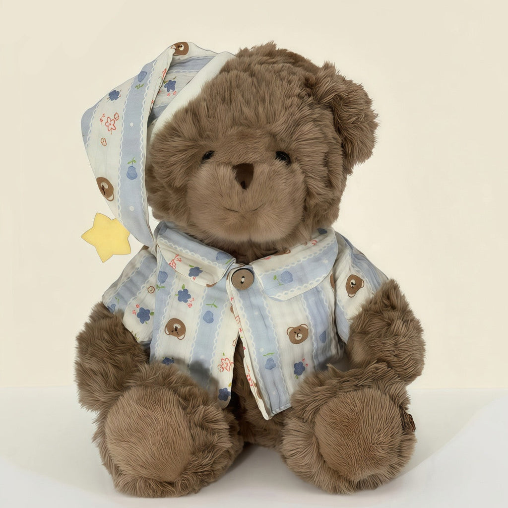 Sleepy Teddy Bear Plush Toy, Brown Bear in Pyjamas with Nightcap, front view