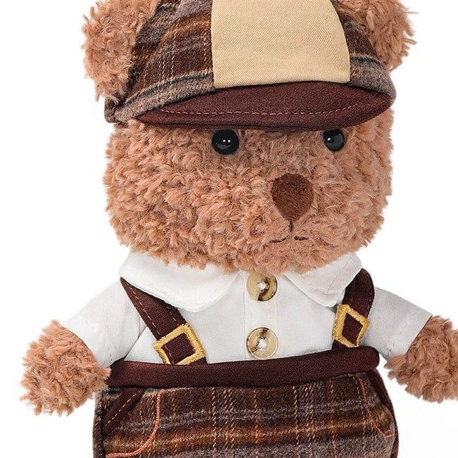 Teddy Bear Plush Toy in Vintage Outfit, Soft Stuffed Bear Doll with Cap & Suspenders, 18 cm, close-up of the fabric texture