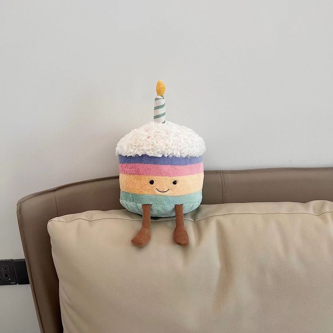 Birthday Cake Plush Toy, Cute Stuffed Food Character, styled in a nursery setting