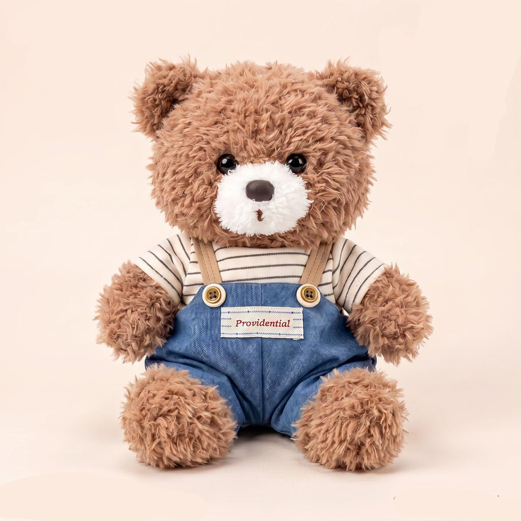 Teddy Bear Plush Toy, Brown Curly Bear in Striped Shirt and Overalls, front view