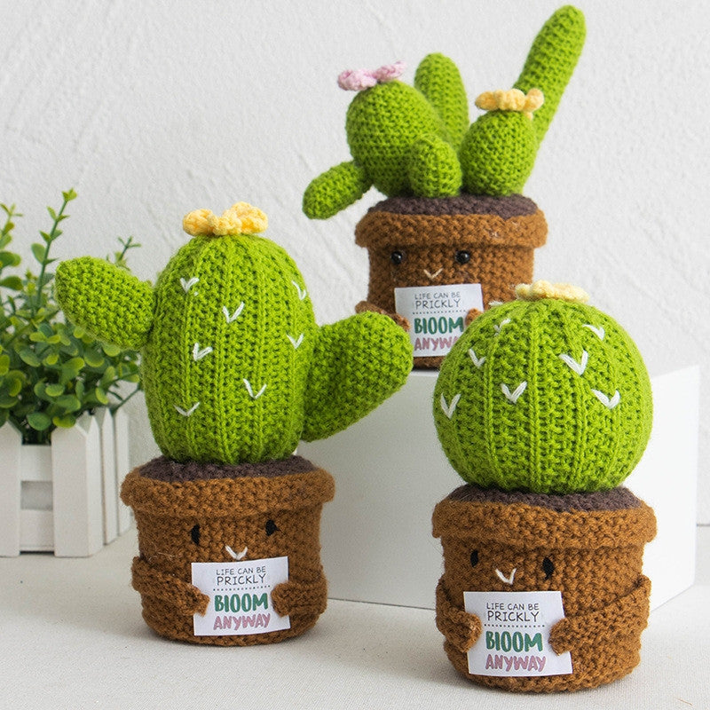 Crochet Cactus Plant Desk Decoration, held in hand for scale