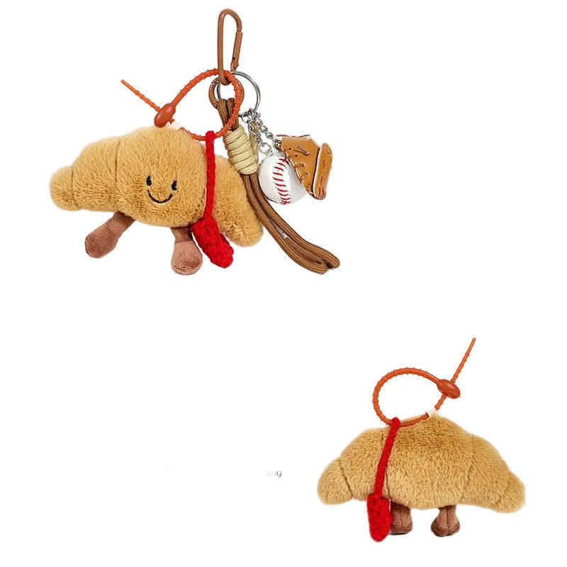 Plush Croissant Bag Charm, Smiling Pastry Keyring, 14 cm, PP Cotton, Three Versions, styled in a nursery setting