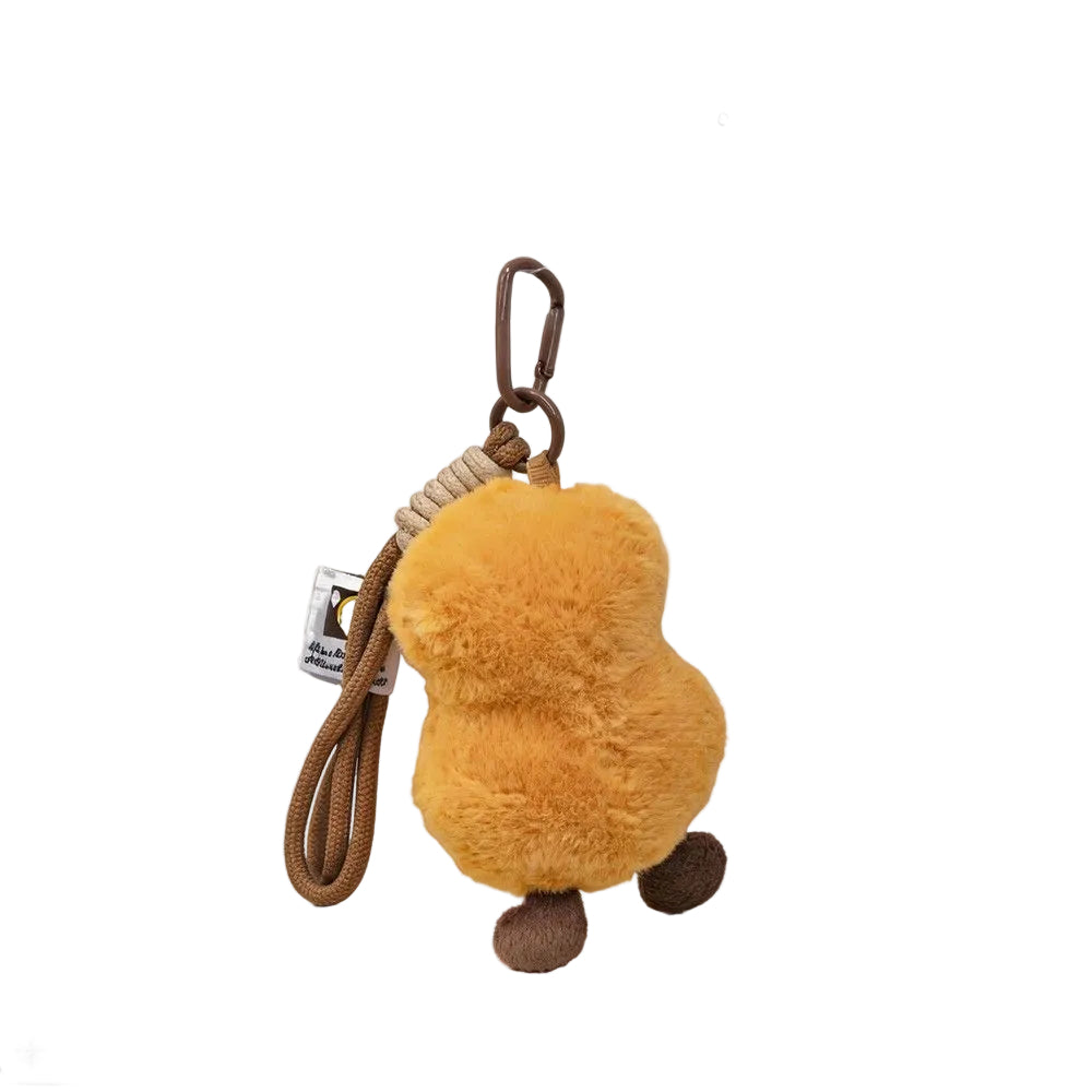Plush Pear Bag Charm, Smiling Fruit Keyring on Cord and Carabiner, 12 cm, side view